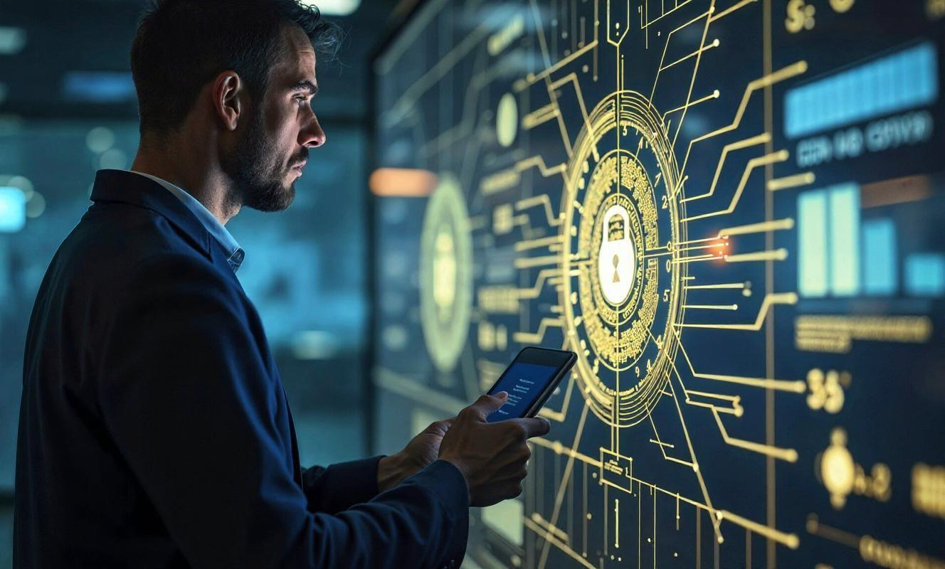 Profissional operando painel digital com ícone de cadeado, representando verificação de identidade com tecnologia segura e avançada.