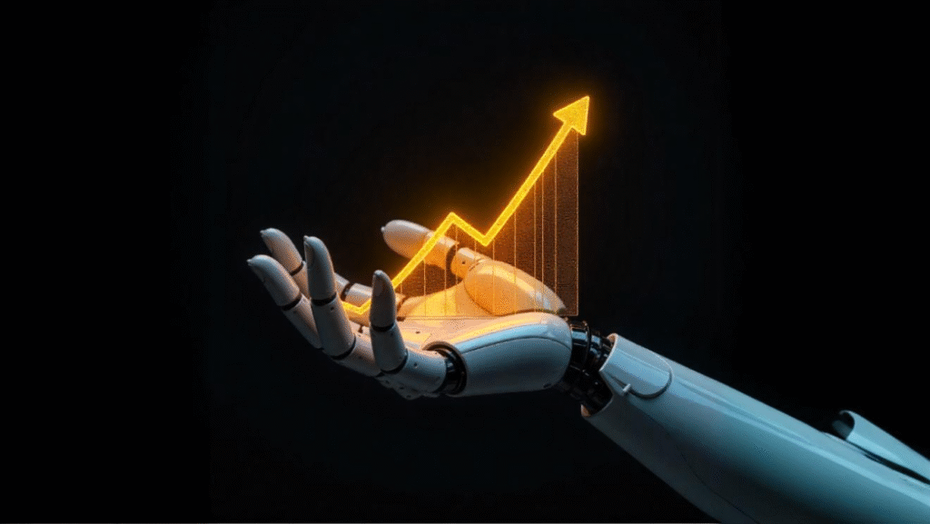 Mão robótica segurando um gráfico ascendente iluminado, simbolizando a quebra de mitos e o crescimento das oportunidades em investimentos digitais.