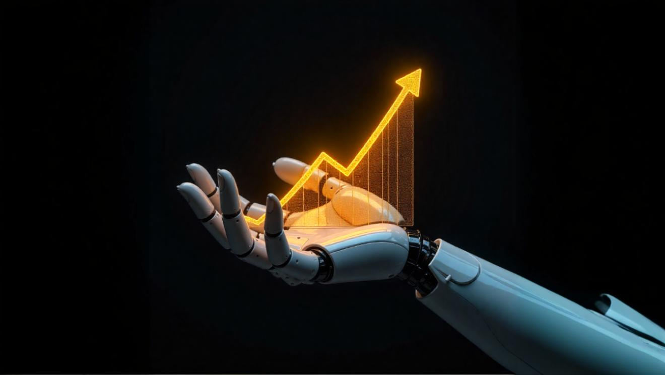 Mão robótica segurando um gráfico ascendente iluminado, simbolizando a quebra de mitos e o crescimento das oportunidades em investimentos digitais.