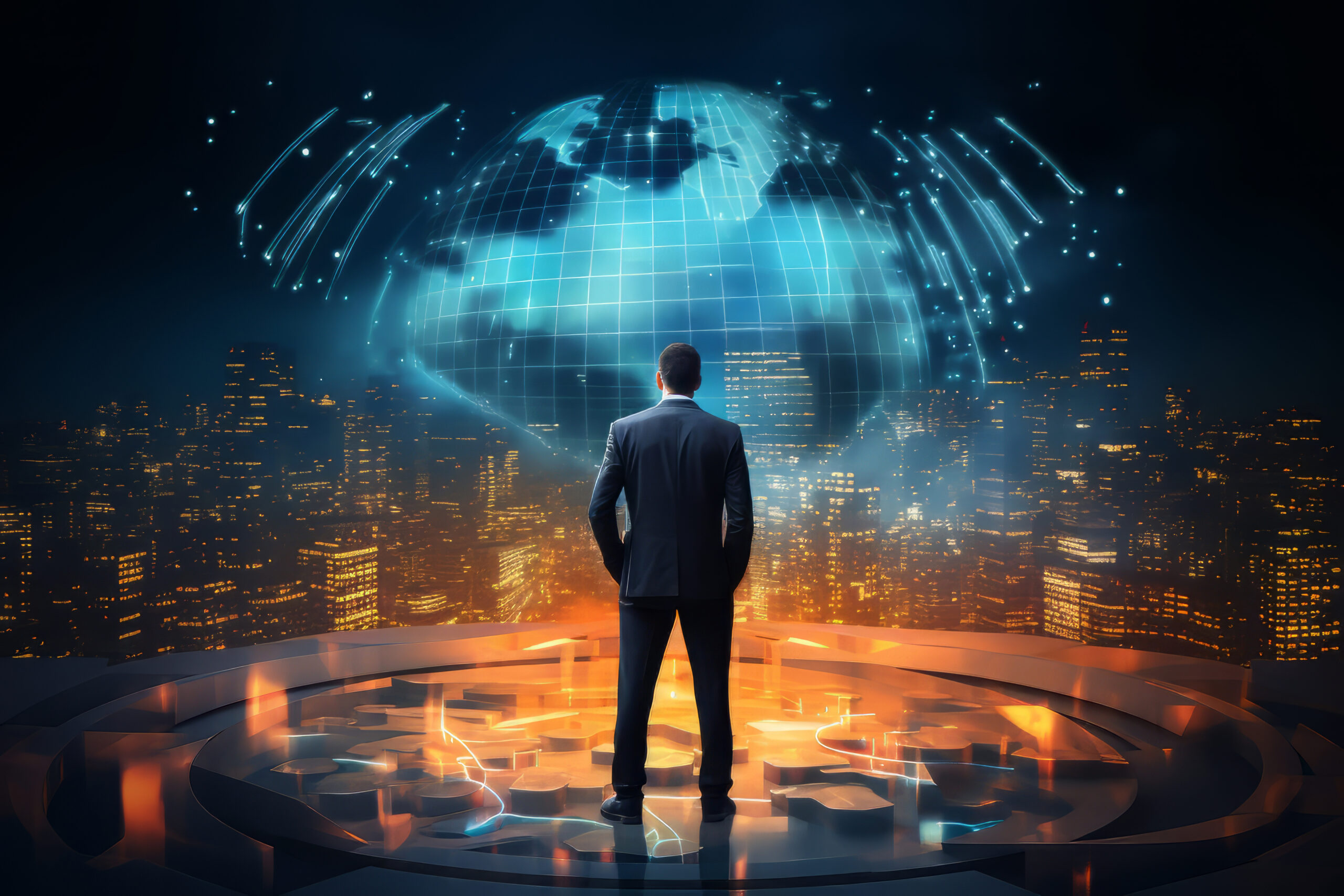 Ilustração conceitual do sistema financeiro global, com conexões internacionais, instituições e fluxos de capital em escala mundial