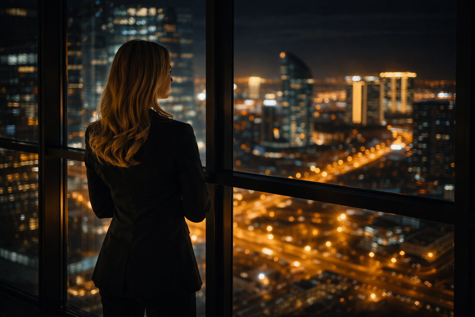 Mulher de perfil, vestindo blazer preto, observa a cidade iluminada à noite através de uma janela panorâmica, representando análise e visão estratégica do cenário financeiro global.