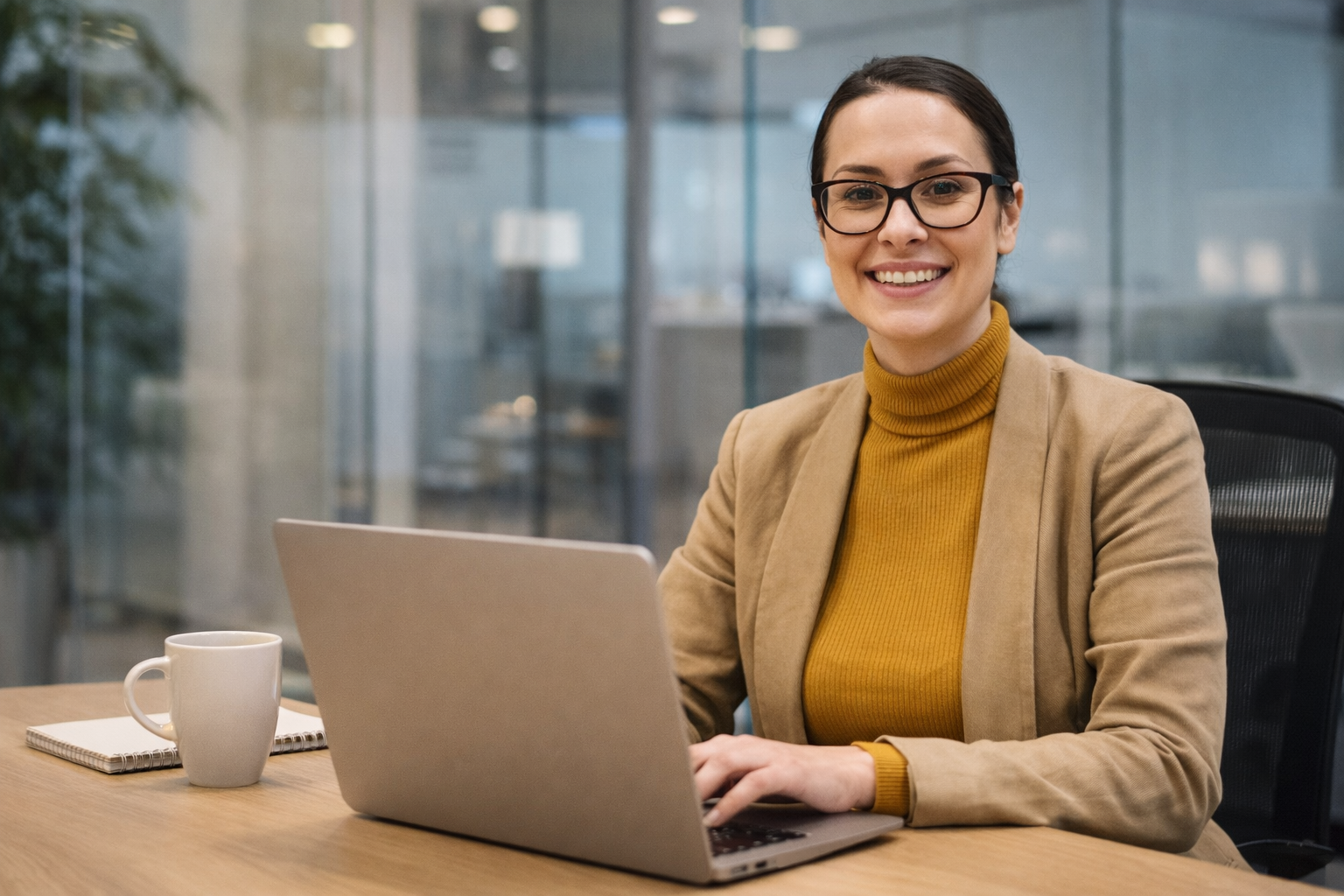 Woman seated in a modern office using a laptop.