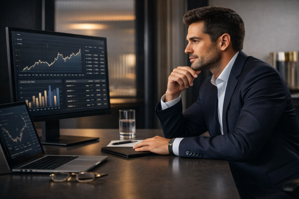 Profesional analizando datos en un entorno corporativo, representando claridad y organización en una estructura financiera internacional.