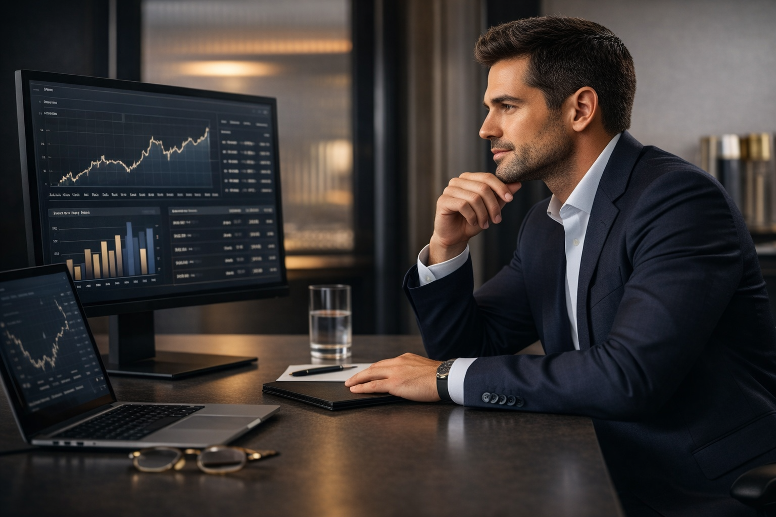 Profissional analisando dados em ambiente corporativo, representando clareza e organização em uma estrutura financeira internacional.