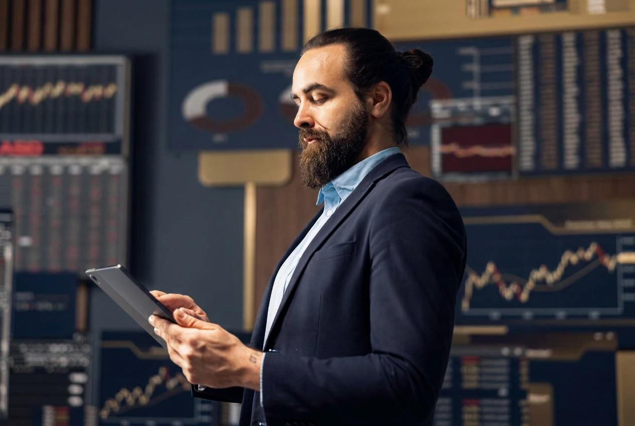 Profesional analizando datos financieros en una tablet, con paneles digitales al fondo que representan stablecoins, activos digitales e infraestructura financiera global.