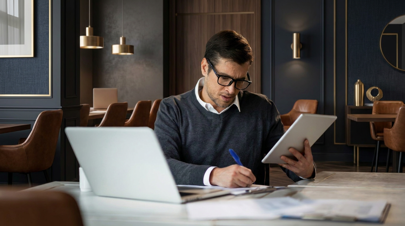 Professional reviewing documents and a tablet in a corporate environment, representing clarity, responsibility, and financial decision-making.
