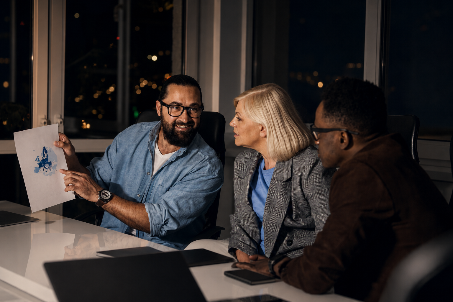 Team in a nighttime corporate meeting, reviewing information in a professional setting, representing structure, governance, and a global financial operation.