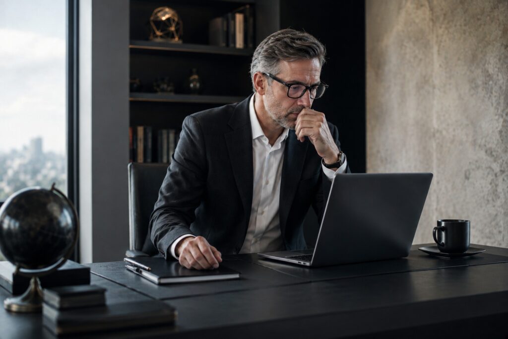 Homem analisando uma estratégia de investimento em um escritório corporativo, diante de um laptop.