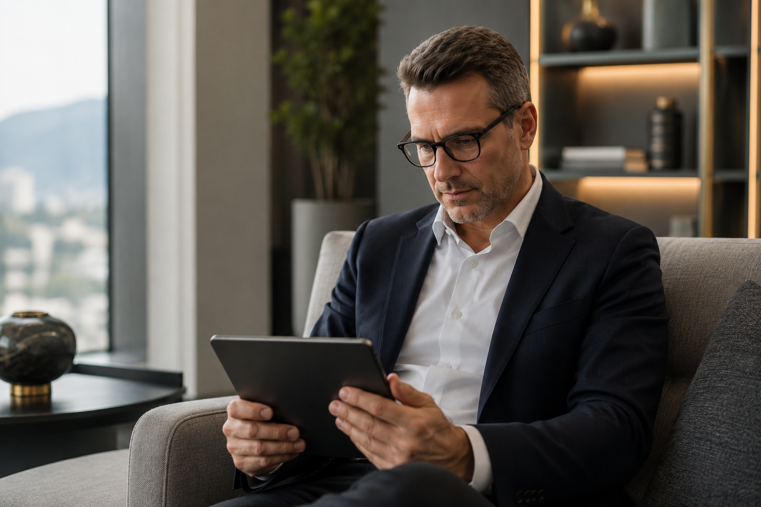 Homem de roupa social sentado em um sofá, analisando informações em um tablet em um ambiente corporativo sofisticado.