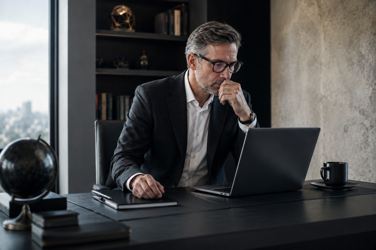 Hombre evaluando una estrategia de inversión en una oficina corporativa frente a una computadora portátil.