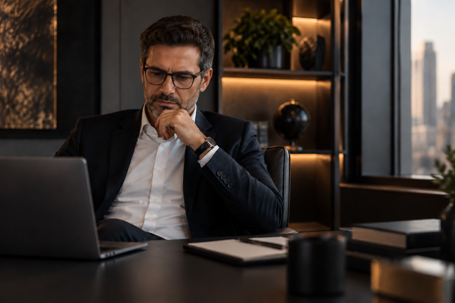 Businessman seated in a sophisticated office, looking at a notebook on the desk, in a modern and understated corporate environment.
