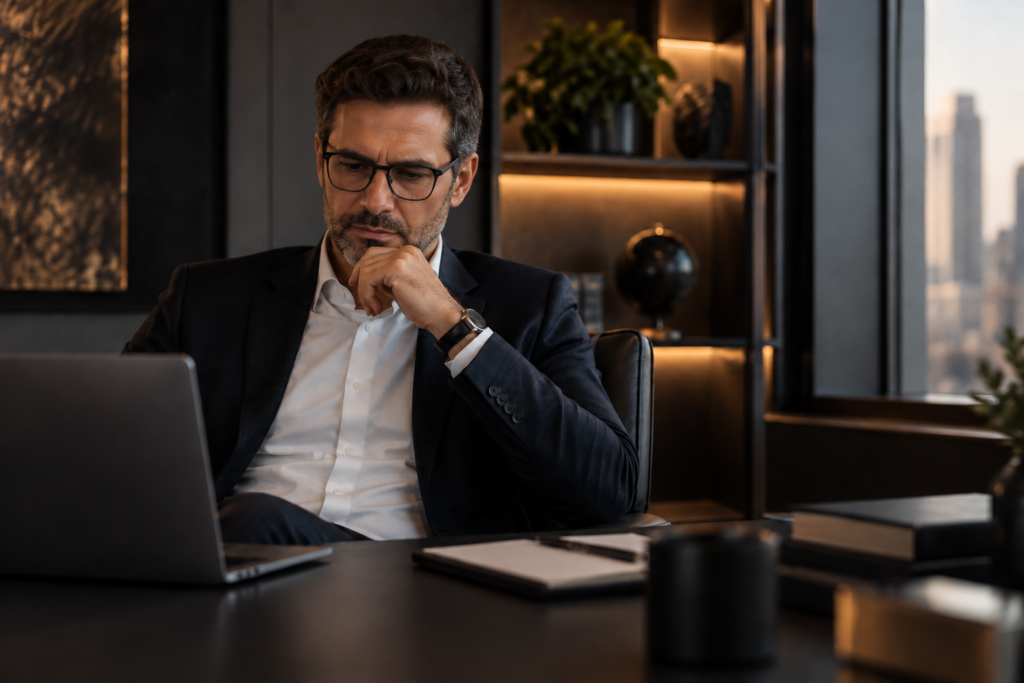 Homem de negócios sentado em um escritório sofisticado, olhando para o notebook sobre a mesa, em um ambiente corporativo moderno e discreto.